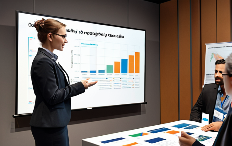 **
A geologist participating in a conference, presenting research findings with a dynamic graph in the background. Networking session with diverse attendees exchanging business cards. Emphasize active engagement and professional attire.
**