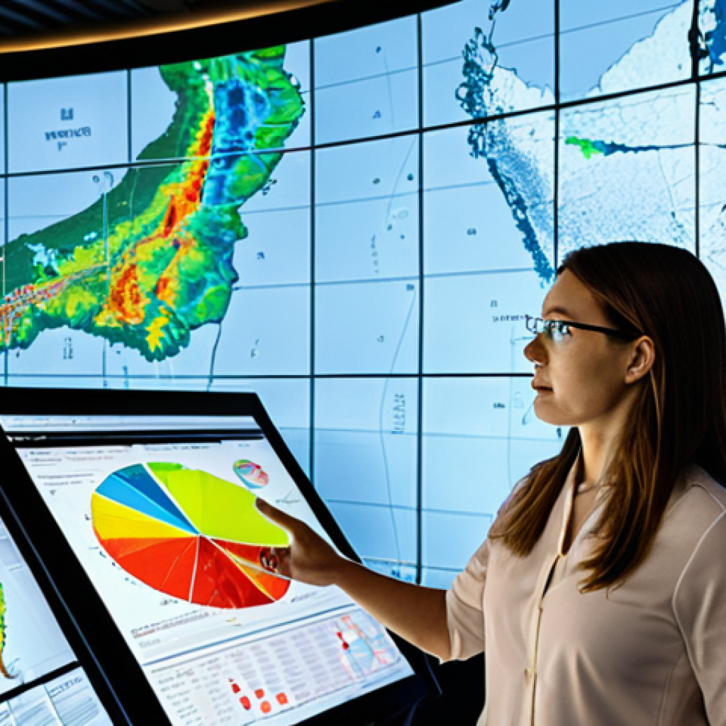 A female geoscientist in a high-tech command center, surrounded by large transparent screens displaying intricate geological maps, real-time seismic data, and climate models for renewable energy projects. She points at a holographic projection showing an optimal site for an offshore wind farm, with data overlays of ground stability and energy potential. The scene emphasizes innovation in sustainable energy and environmental solutions.