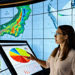 A female geoscientist in a high-tech command center, surrounded by large transparent screens displaying intricate geological maps, real-time seismic data, and climate models for renewable energy projects. She points at a holographic projection showing an optimal site for an offshore wind farm, with data overlays of ground stability and energy potential. The scene emphasizes innovation in sustainable energy and environmental solutions.